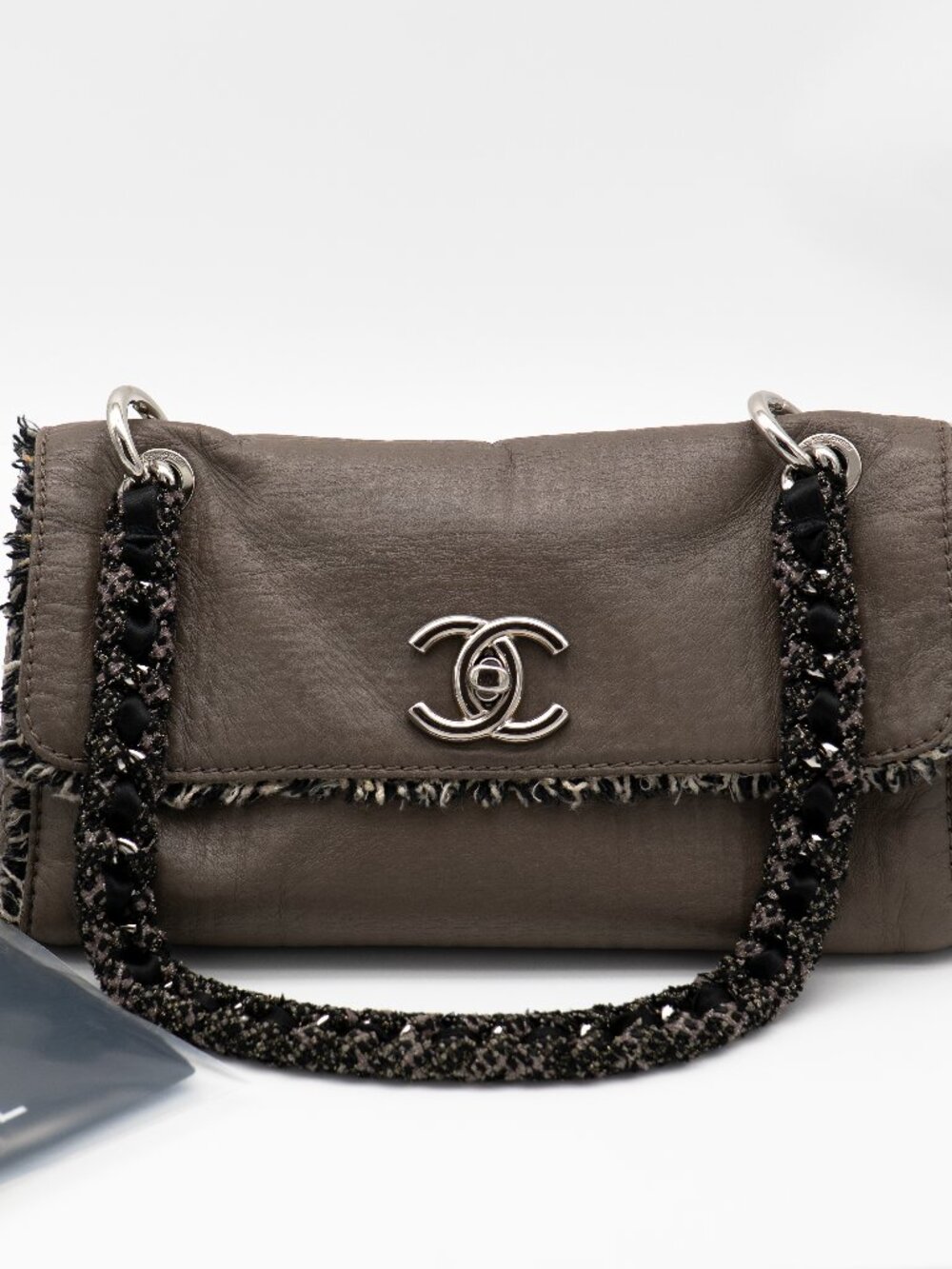 CHANEL Limited Edition 2009 Taupe Leather and Tweed Flap Bag SHW w/ Entrupy COA